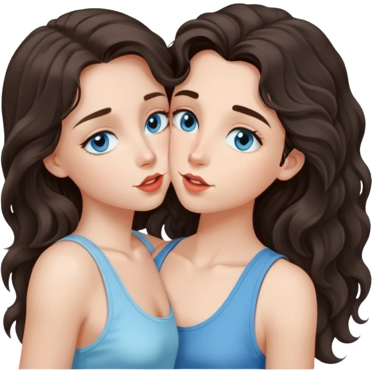 A girl with long, dark brown, wavy hair, grey-blue eyes, and a light blue tank top giv a kiss  emoji