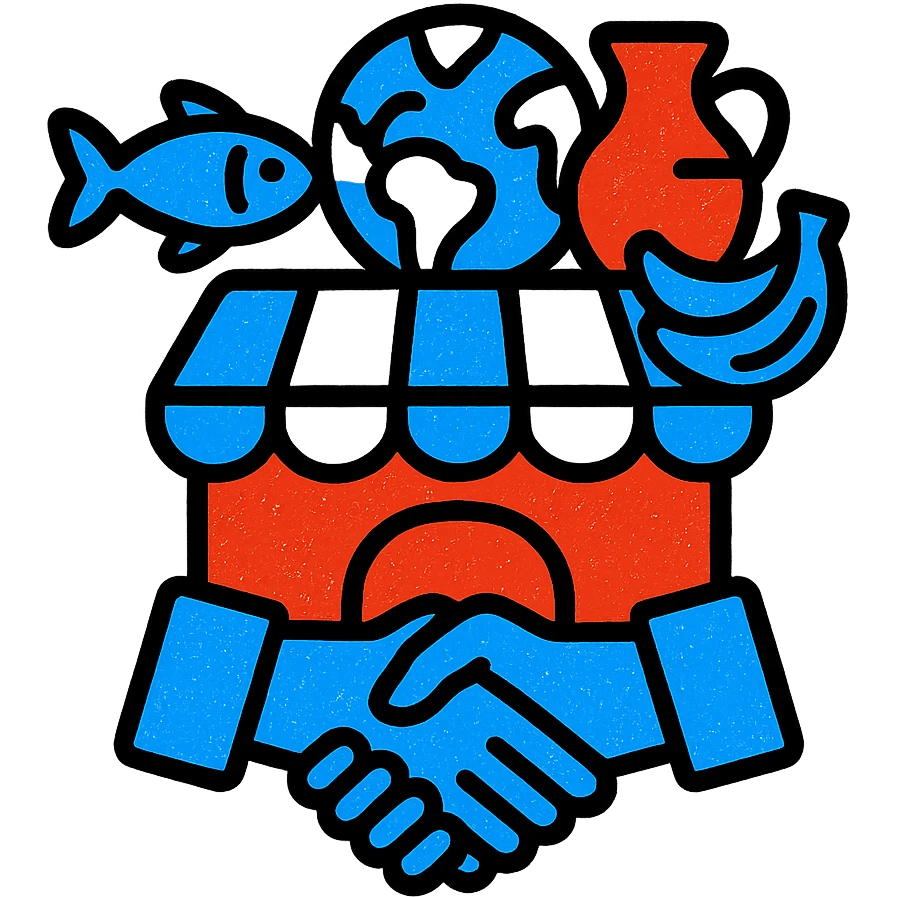 A vibrant icon of a marketplace with various international goods and a partnership symbol, using only colors #1E90FF, #F13816, and #FFFFFF emoji