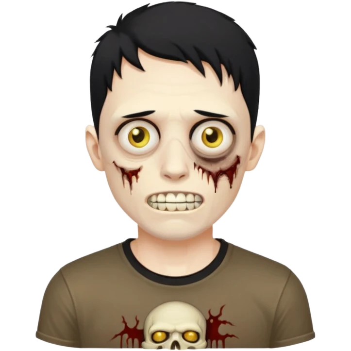 I want you to give me a zombie man who has golden teeth, yellow eyes, eyebrows and black hair, the hair I want to be a modcut cut and is wearing a brown affliction T-shirt and thin circular lenses emoji