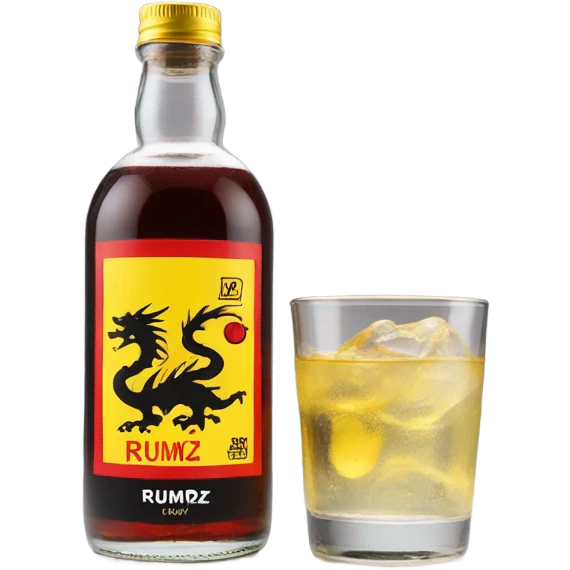 clear bottle with clear alcohol with yellow dragon on a black and red label that says “RUMPZ” alcohol emoji