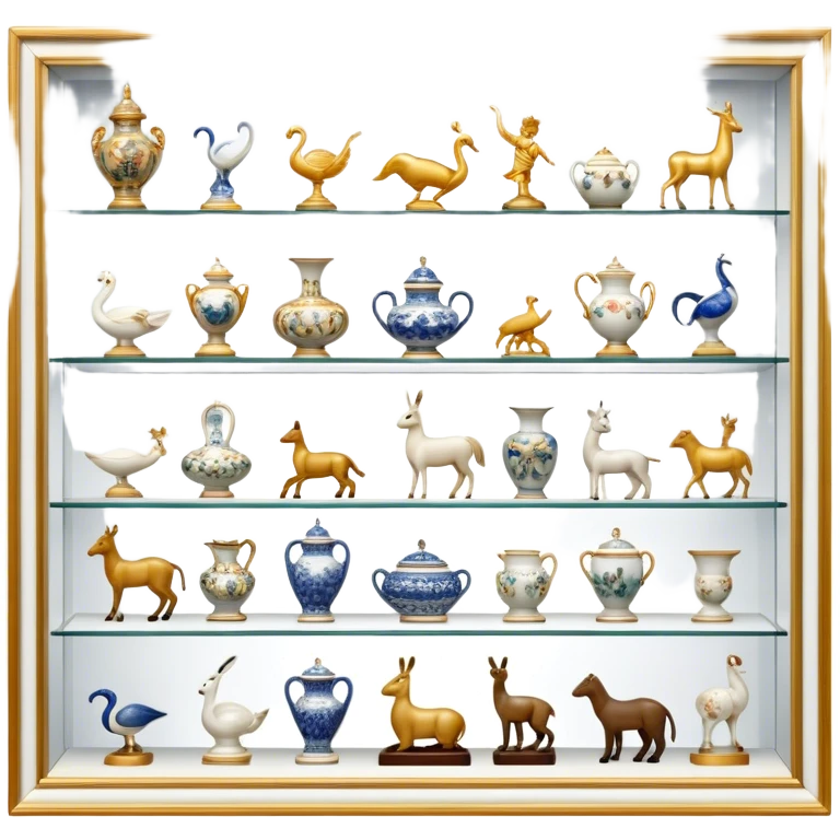 Icon for Porcelain Figurine Collecting: a collection of delicate porcelain figurines, such as animals, dancers, and historical characters, displayed on a shelf or in a display case. The icon should convey the elegance and artistry of collecting porcelain statues. Transparent background. emoji