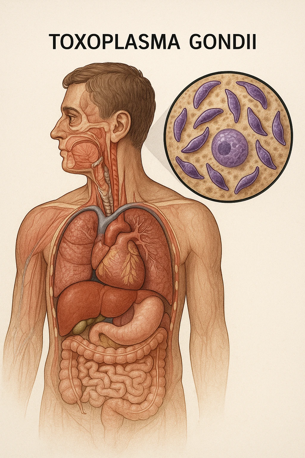 Toxoplasma gondii, visto all'interno di un corpo anatomico in italiano emoji
