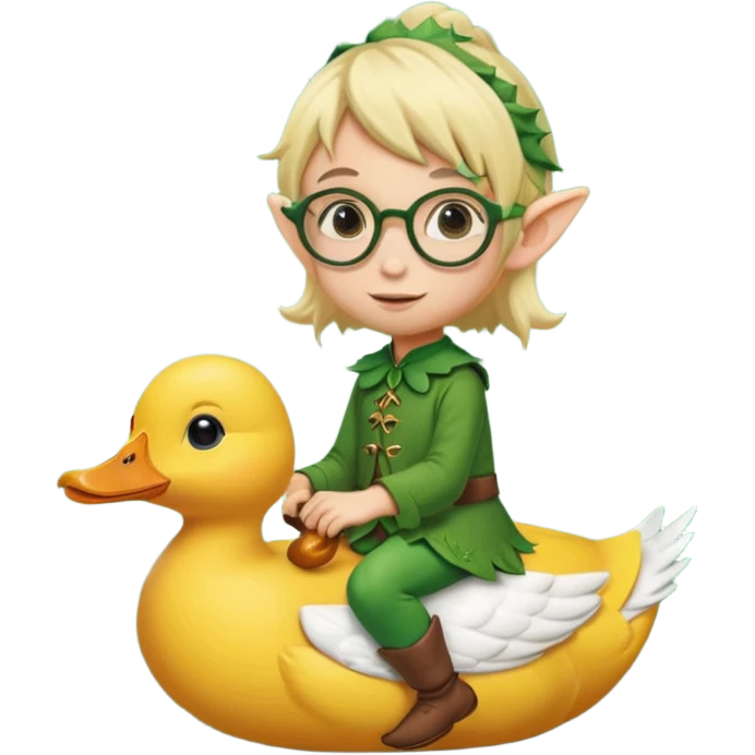 tiny forest elf blode hair with round glasses riding a duck emoji