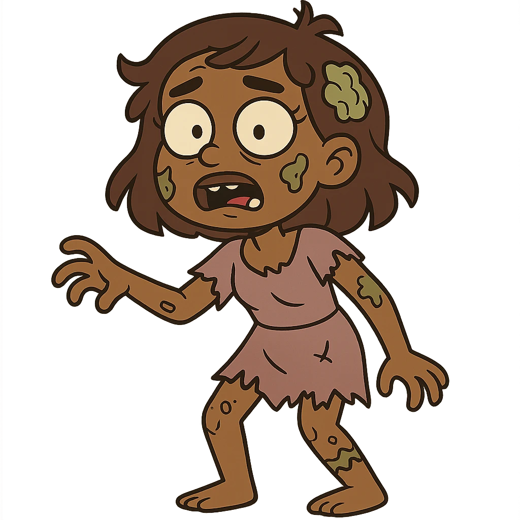 brown-skinned zombie girl, cartoon style, visible zombie details, expressive face emoji
