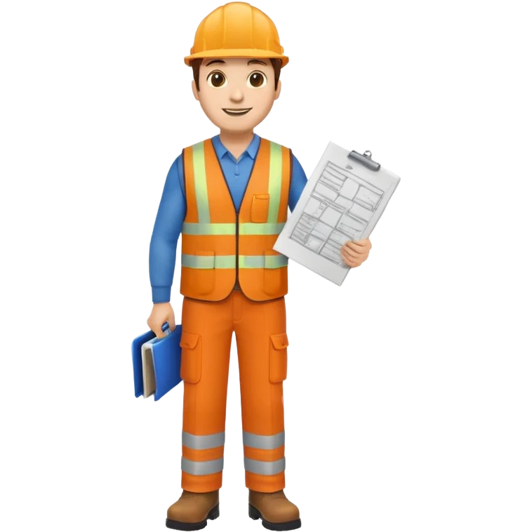 railway engineer wearing an orange vest, trousers, and boots, holding blueprints, emoji style emoji