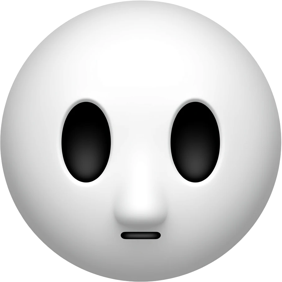Shy Guy white mask only, round white face with two big black oval eyes and small black mouth, no hood, no clothes, cute 3D emoji style, transparent background, front view, clean Mario style emoji