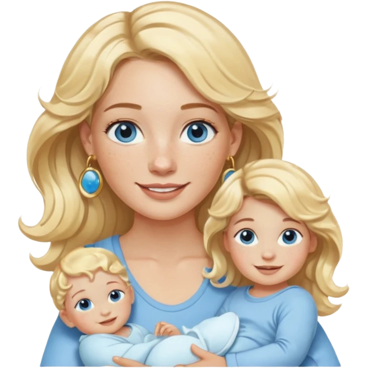 Wavy blonde, white woman with blue eyes, freckles hoop earrings, holding babies smiling and really cute in gold hoops emoji