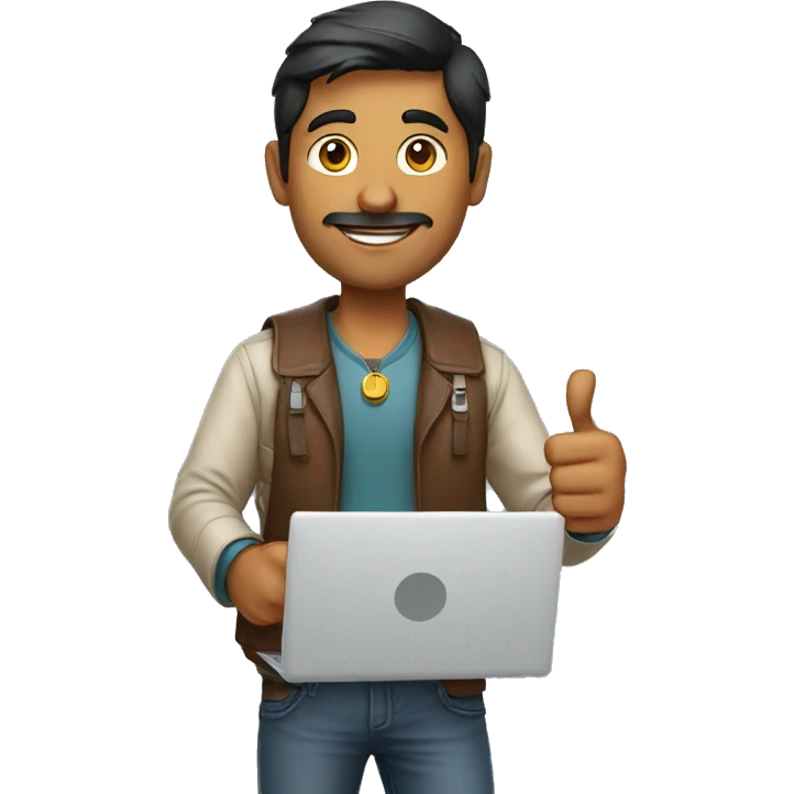 indian college man holding laptop thumbs up emoji