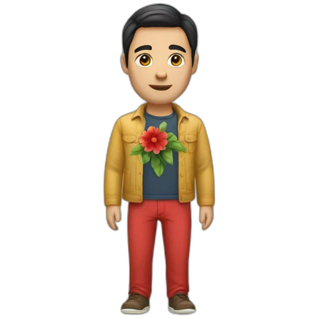 white man with dark hairs with a flower shirt and a red pant emoji