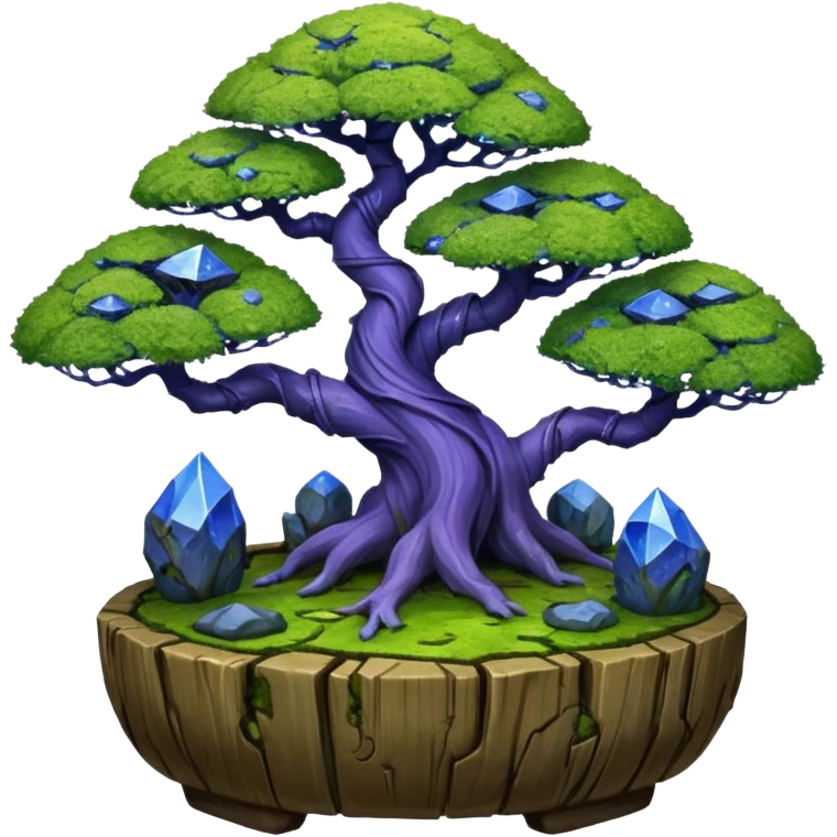 Cracked Futuristic wild glowing space alien moss maples shohin Bonsai hair-pine-leaf group multi faceted intricate hobbit-inspired boxwood purple blue informal rocky cliffhanger eight trees forest planting in shallow willow slab style pot with big animal-like feet  emoji
