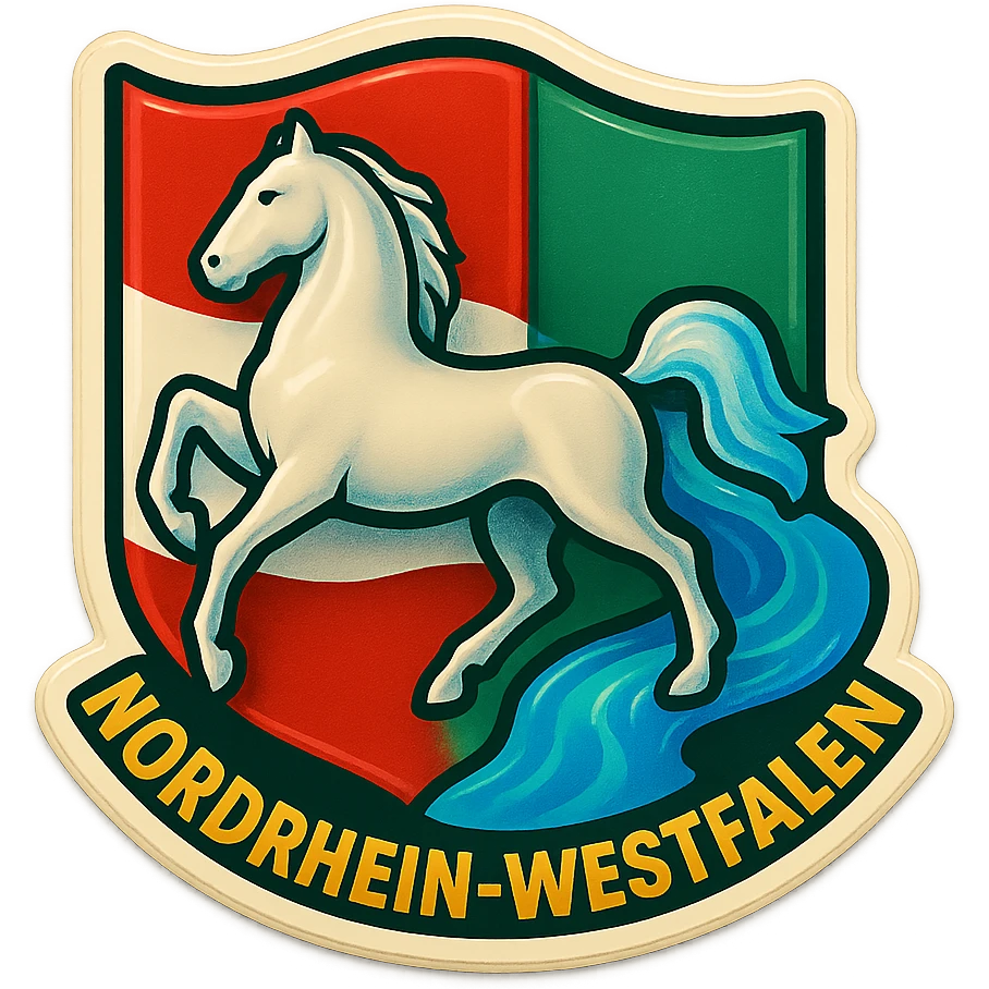 emoji of the Nordrhein-Westfalen horse and river, less cartoonish, with the Nordrhein-Westfalen flag as background, no text emoji
