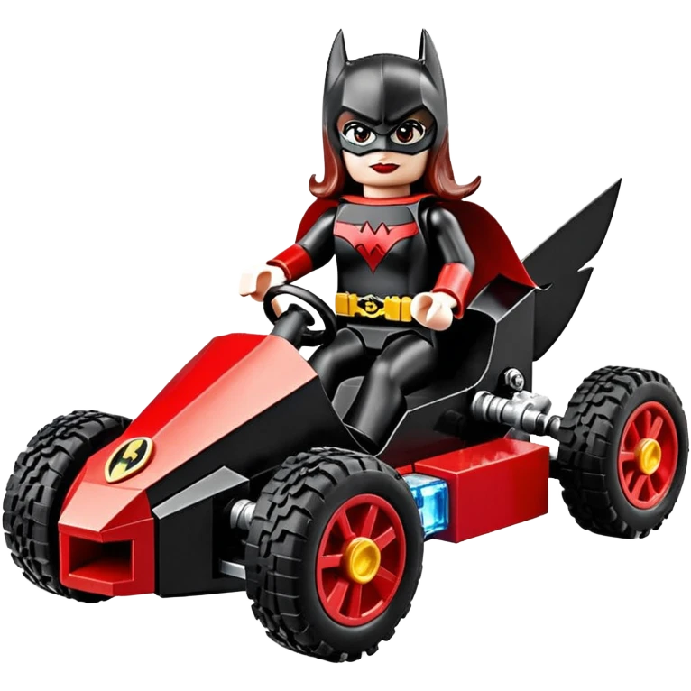 Hot full size real size-appearance electric road racing sexy BatWoman’s feminine midnight-colored tight outfit sixty’s tv show Lego dark stealthy sporty safe plush deluxe off-road pursuit cruiser car rose gold accents (black hair,reclined and relaxed torso and shoulders seating position) go kart  emoji