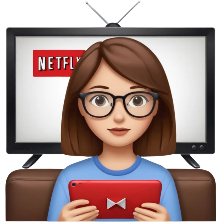 una ragazza con capelli marroni con occhiali guarda netflix sulla tv emoji