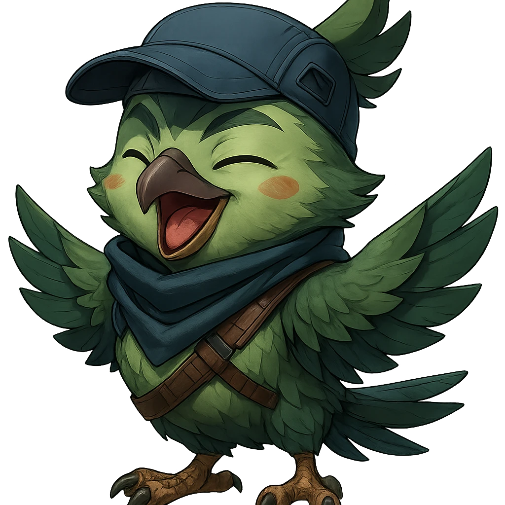 Make the anime style green bird inspired by Valorant agent Falko with a happy expression, more detailed, with no background. Preserve the anime style and green bird characteristics. emoji