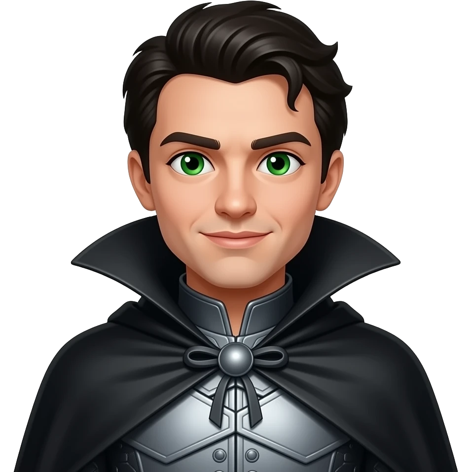 Liir from The Wonderful Wizard of Oz with green eyes, black hair, grey metallic tunic, black metallic cloak emoji