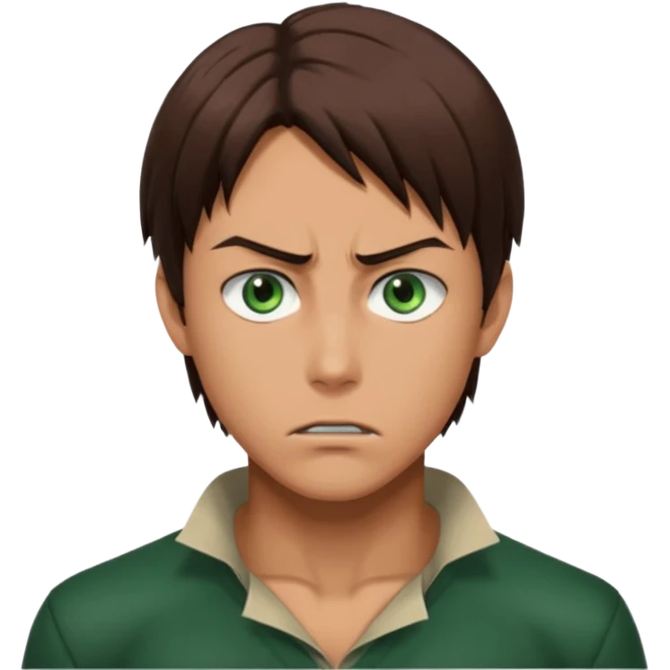 “Make him look like Eren Yeager S3 — long brown hair tied back, strong jawline, sharp green eyes, that cold, intense Eren vibe.” emoji