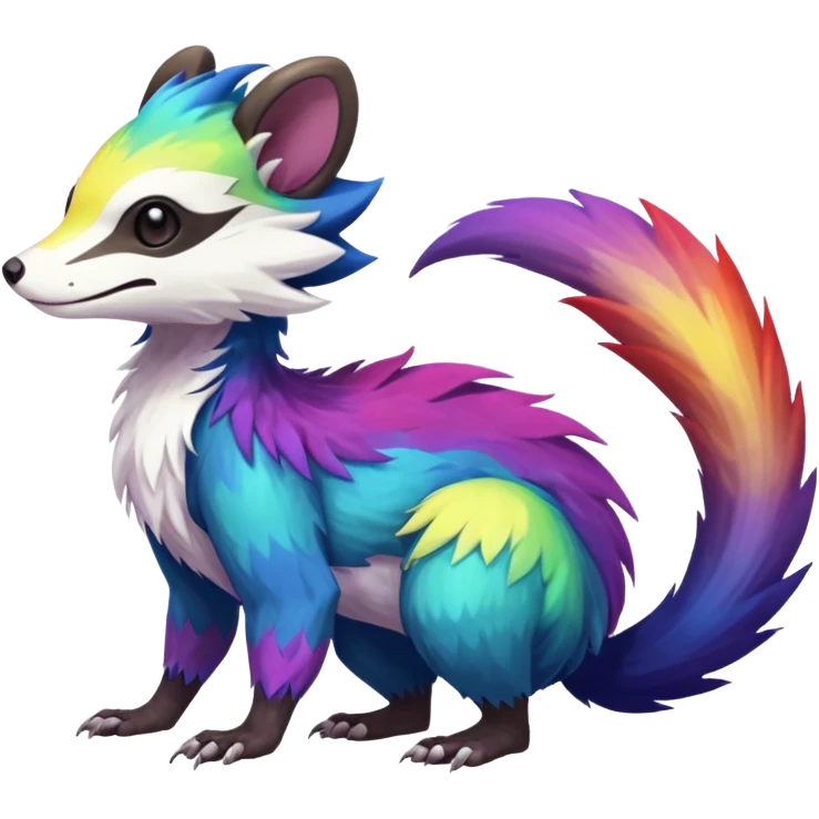 Colorful diaphanous Trico-Wickerbeast-Sergal-Skunk-Ferret-Furret-Marsupial-Vernid-fusion-Fakemon-animal-hybrid-creature, full body emoji