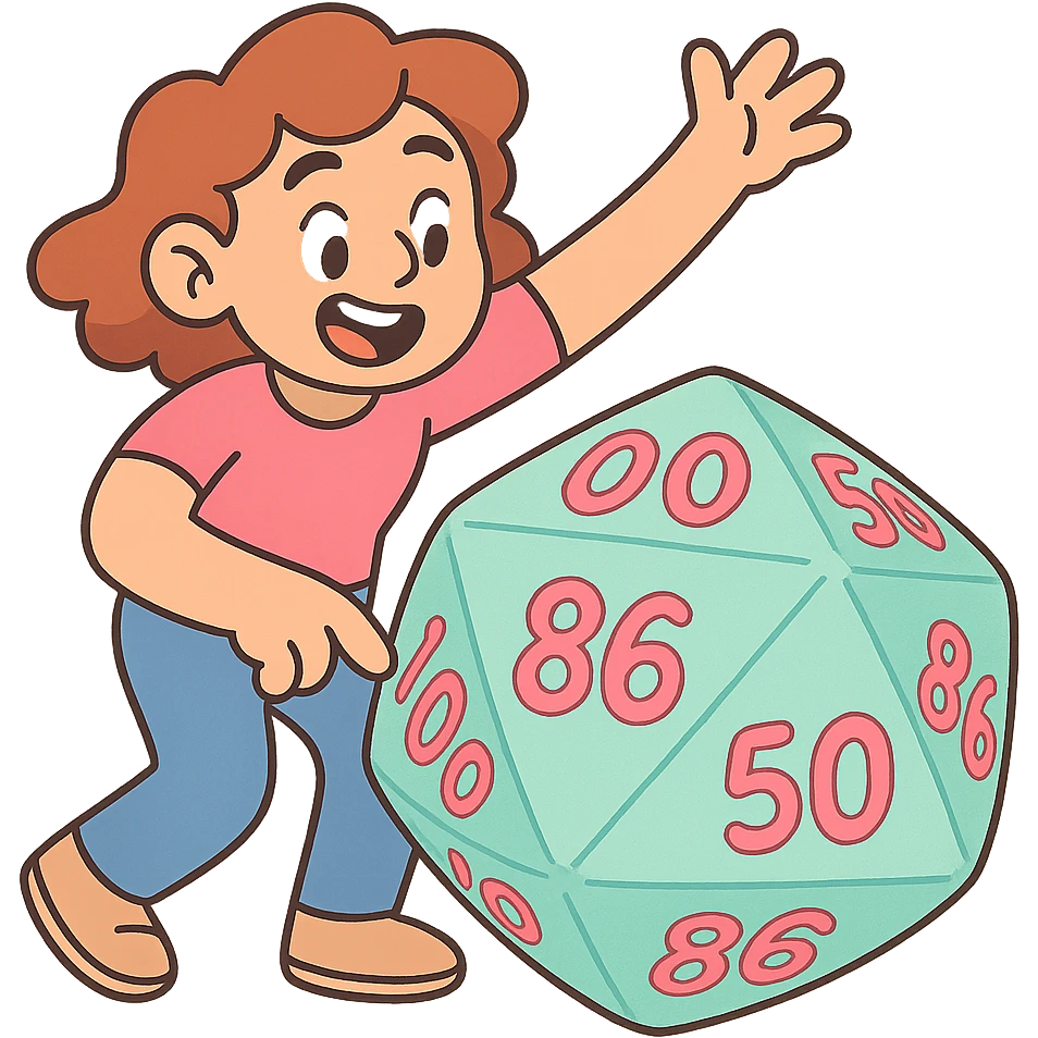 single hundred-sided die d100 in pastel toon style emoji
