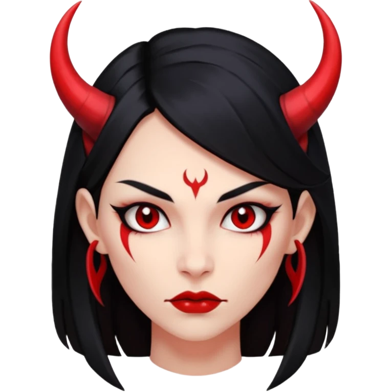 Head only demon girl, strong pronounced cheekbones, sharp angular jawline, skin fully pure red everywhere, long straight sleek black hair, small ho emoji