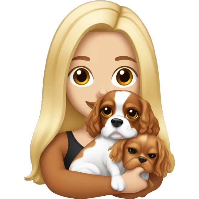 White girl blond hair holding cavalier King Charles  emoji