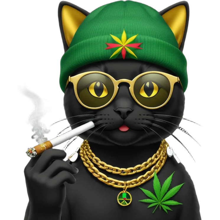A black cat wearing the deal with it shades and a rasta beanie and smoking a joint and wearing a gold chain that says 420 and the words High Time at the top of the image emoji