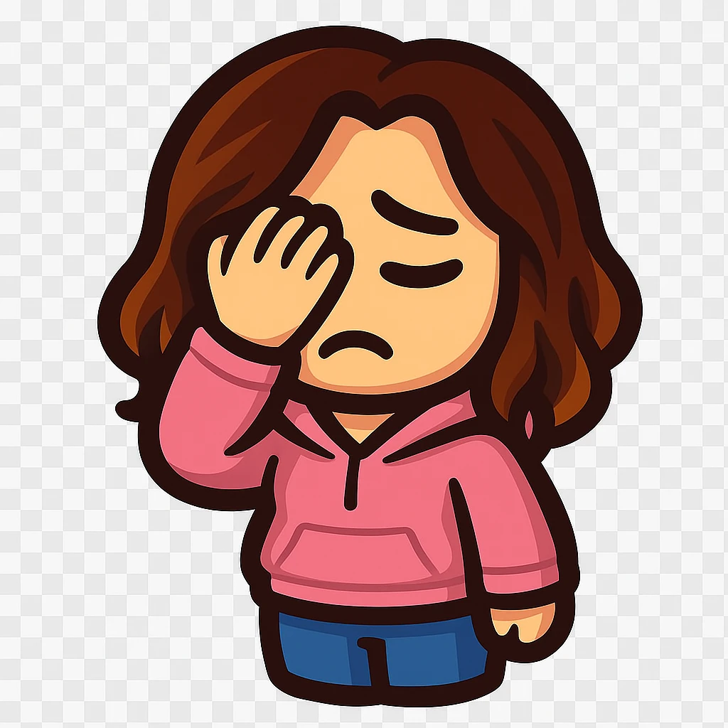 chibi emote of the woman from the reference images, wearing a pink hoodie and jeans, facepalming, no headband, no wand, transparent background emoji