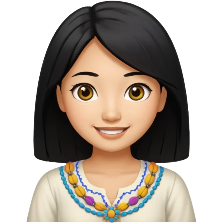 30 yr old asian woman center parted hair big eyes big smile tanned skin straight black hair hippie part hair white blouse emoji