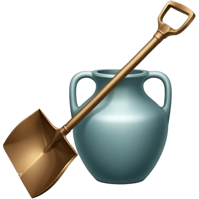 An icon featuring a simple shovel and an ancient artifact, like a broken vase, with clean lines and minimal detail. The design evokes the essence of archaeology, focusing on discovery and history. Transparent background highlights the elegance and simplicity of the science. emoji