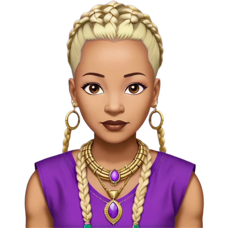 African american 57yr old , chocolate brown  woman who is 5ft 6in with a blonde and black mohawk of individual braids, with low shaved side haircut,
wearing a purple,  dashiki, with an gold  necklace of Draya inscribed,  wearing big gold bamboo earrings in ears with the name engraved of Draya emoji