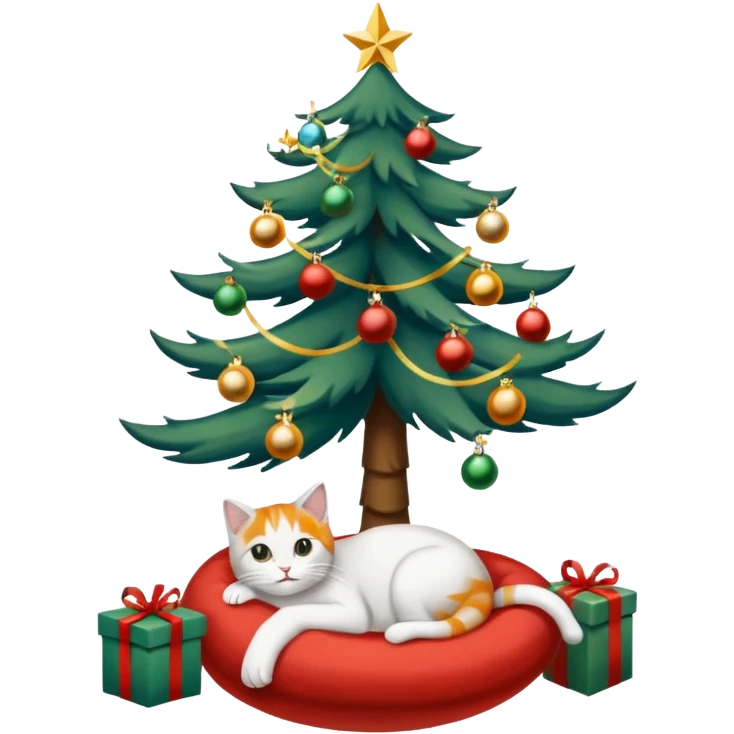grau weiße Katze im geschmückten Weihnachtsbaum mit Lametta um sich rum und unten liegen ein paar Weihnachtskugeln emoji