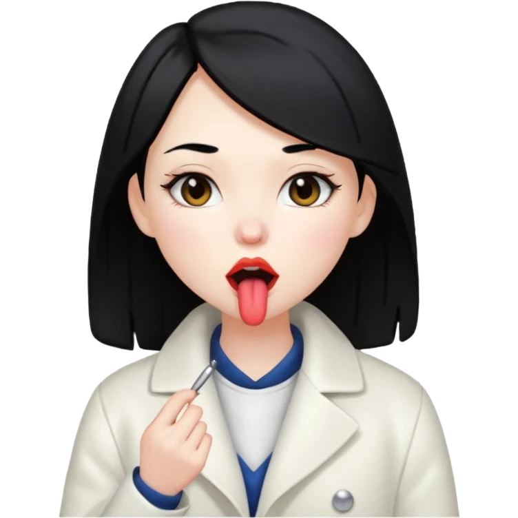 The girl with black hair in a white coat has to lick her lips emoji