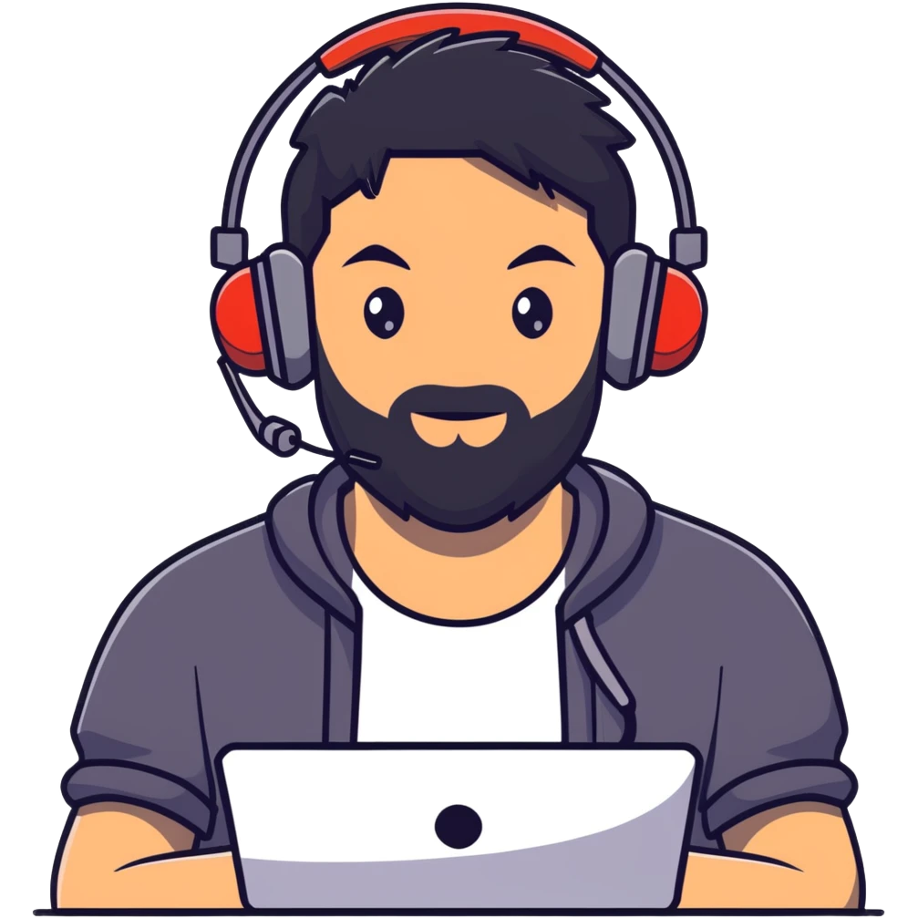 laughing man with black hair, brown eyes, black beard wearing gaming headset emoji