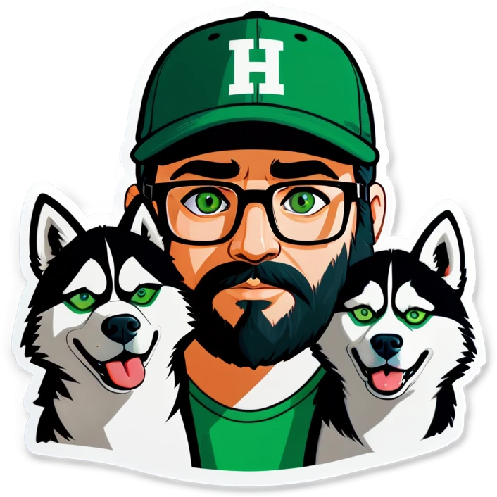 A bold man with a grey baseball cap, green eyes, big beard and glasses next to a husky dog emoji