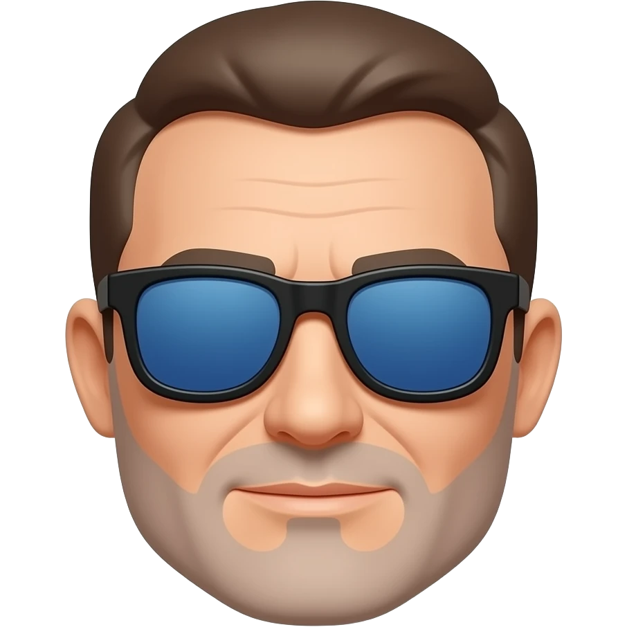 Hombre 63 años pelo muy corto marrón canoso gafas de sol cristales azules azules que no se vean  los ojos con montura negra y barba canosa muy muy corta emoji