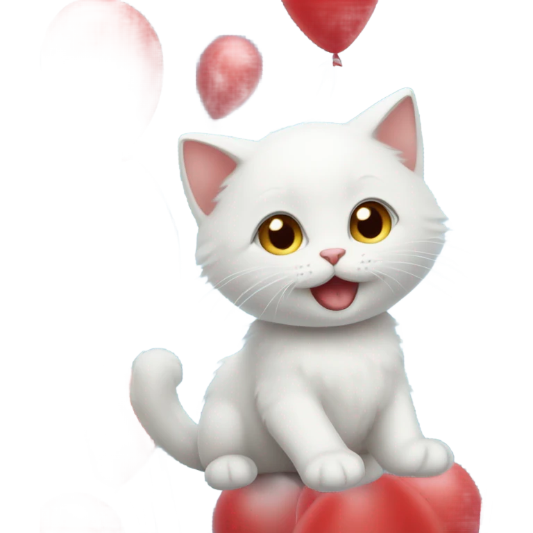 small white kitten and red balloons emoji