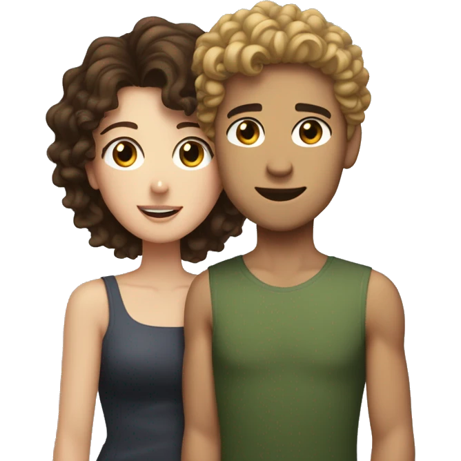 Young man with curly dark blonde hair lifting up a brunette woman with freckles above his head emoji
