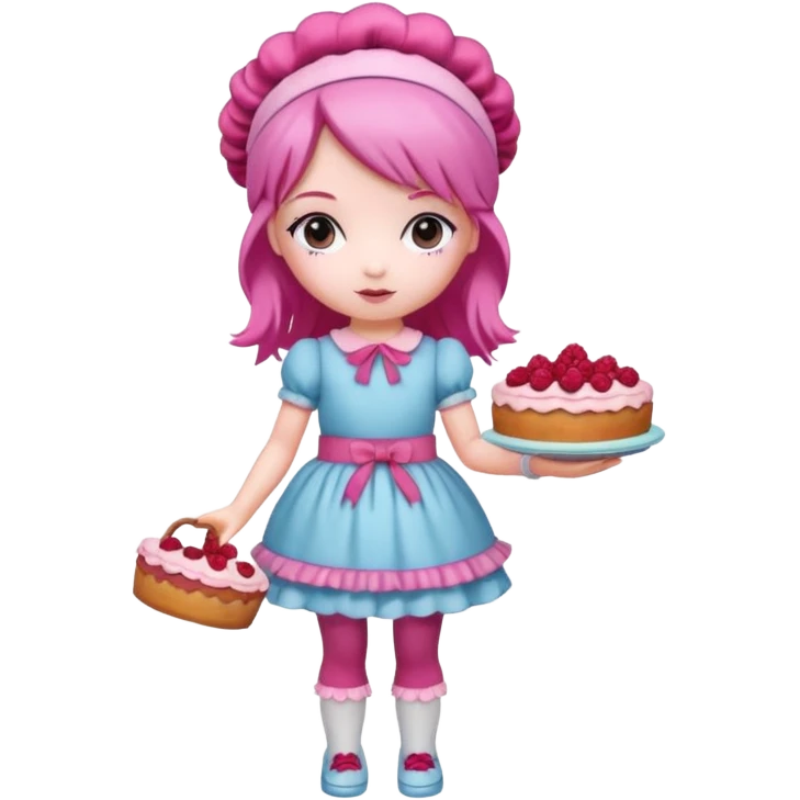 Isolated detaile illustration incredibly modern raspberry torte doll figurine full body with pink hair and a raspberry hairband emoji
