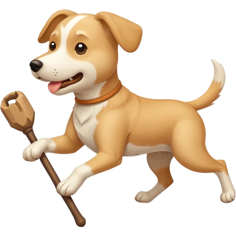 White and tan dog running with big stick in mouth emoji