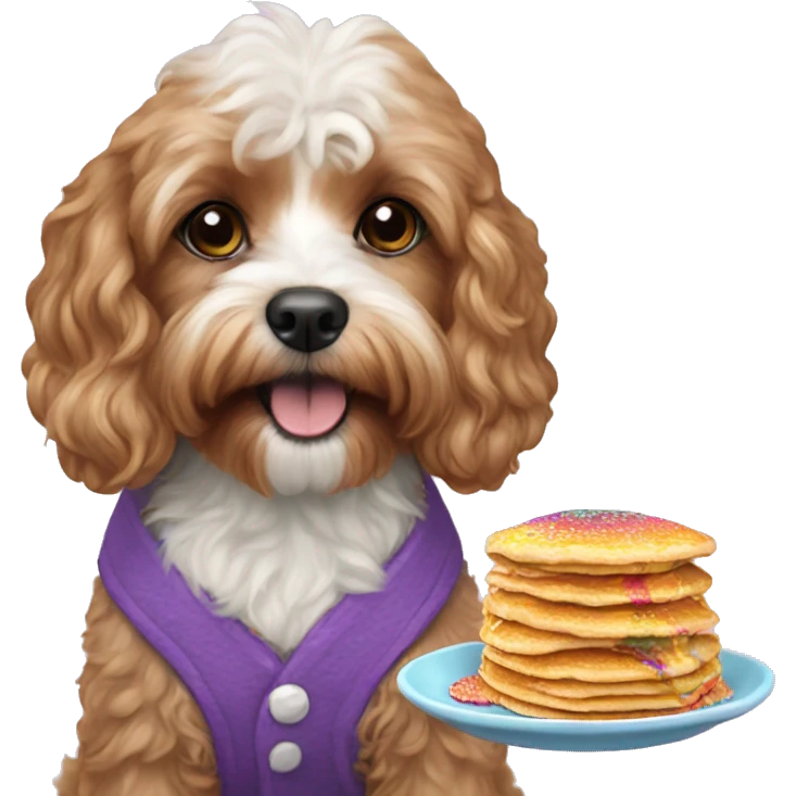 Cavapoo dog eating rainbow pancakes emoji