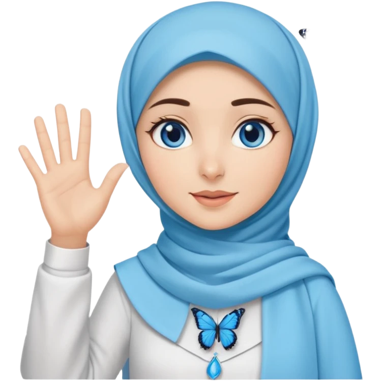 Turkish beautiful finish Konya girl blue eyes with light blue butterfly design hijab islamic dress and musically background and she wave one's hand emoji