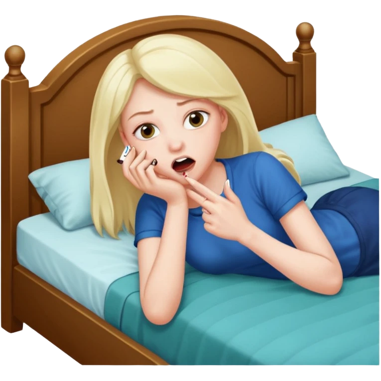 laying on the bed her feeds are visible and shes biting her nail becuase ahe saw something spici emoji