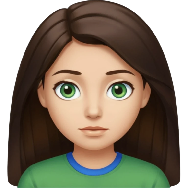 long dark brown hair with highlights in the front, big blue eyes clear skin with neck and green top on emoji