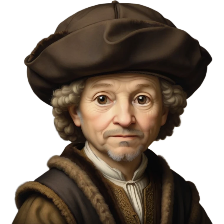 emoji of rembrandt,-shown-as-a-master-artist-with-deep,-introspective-eyes-and-richly-detailed-period-clothing,-rendered-with-dramatic-chiaroscuro-lighting-that-emphasizes-his-legacy brown puffy hat emoji