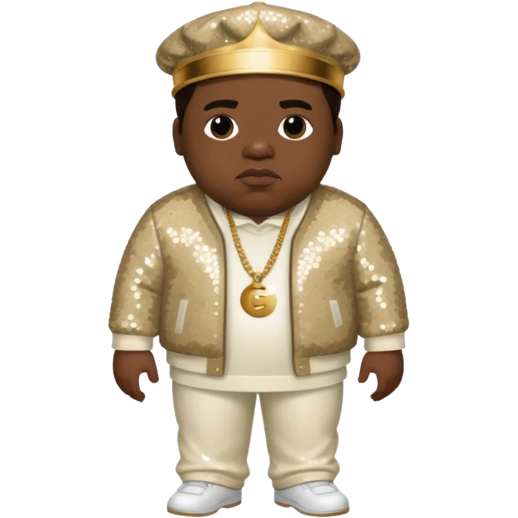 Biggie Smalls with dark brown hair, ivory sequin outfit emoji
