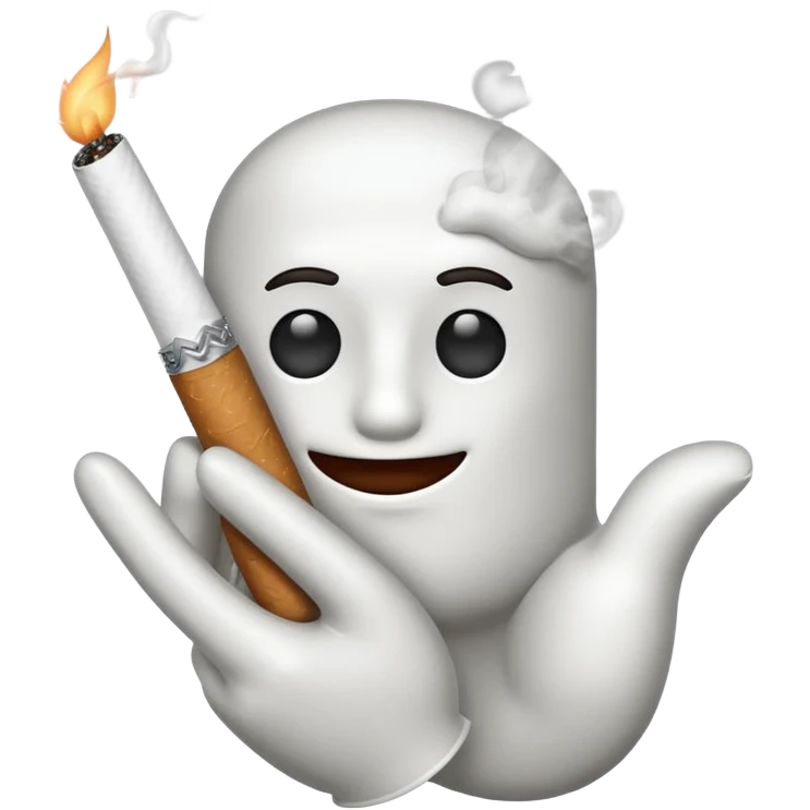 Apple emoji style cartoon white glove hand holding a cigarette with two fingers, smoke rising emoji
