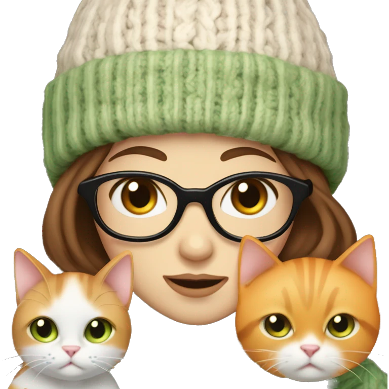 Woman with thin brown hair and a hat with glasses and brown eyes pale skin wearing a scarf and a sweater, holding an orange and white cat with green eyes emoji