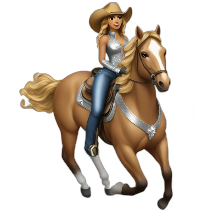 Beyoncé wear in silver cowboy  riding a discoball horse emoji