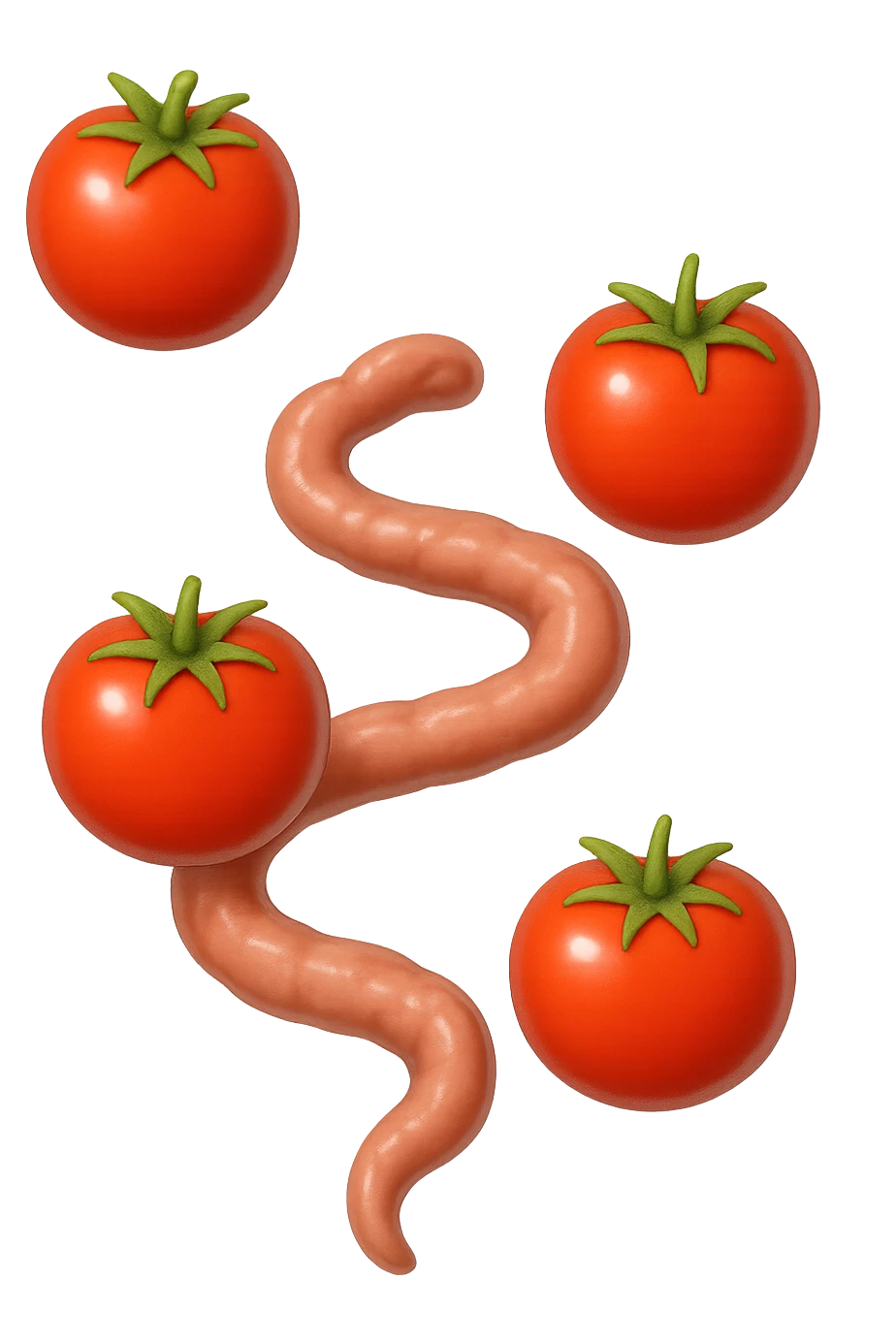 emoji stile iphone di pomodori che fluttuano in aria con colon attorcigliato intorno, iperrealistico 4k, isolato su sfondo bianco emoji