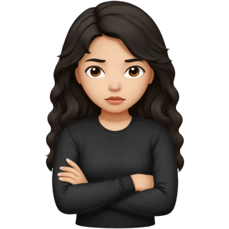 Hispanic girl with dark long wavy hair crossing her arms while pouting and wearing a black long sleeve shirt emoji