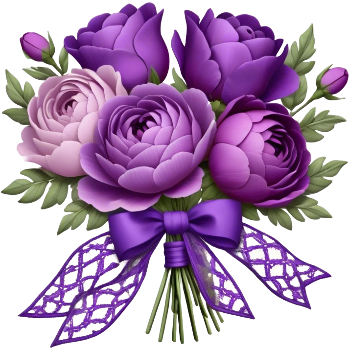 A vintage bouquet of lavender-hued peonies, deep violet roses, and soft lilac pansies, tied together with a silk ribbon in shades of plum and amethyst, rests beneath the glow of a crescent moon. Scattered around are tiny embroidered hearts on a delicate lace handkerchief, while the scent of dried lavender lingers in the cool evening air. emoji